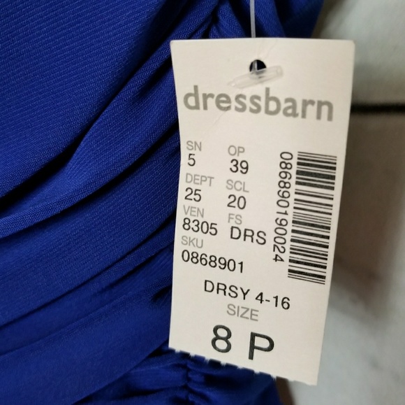 DRESSBARN sleeveless draped neck blue ruched dress - Picture 7 of 7